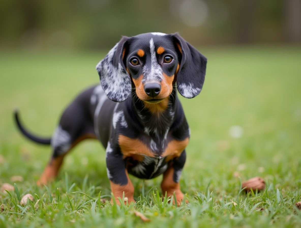un chiot Teckel Arlequin dans un foret